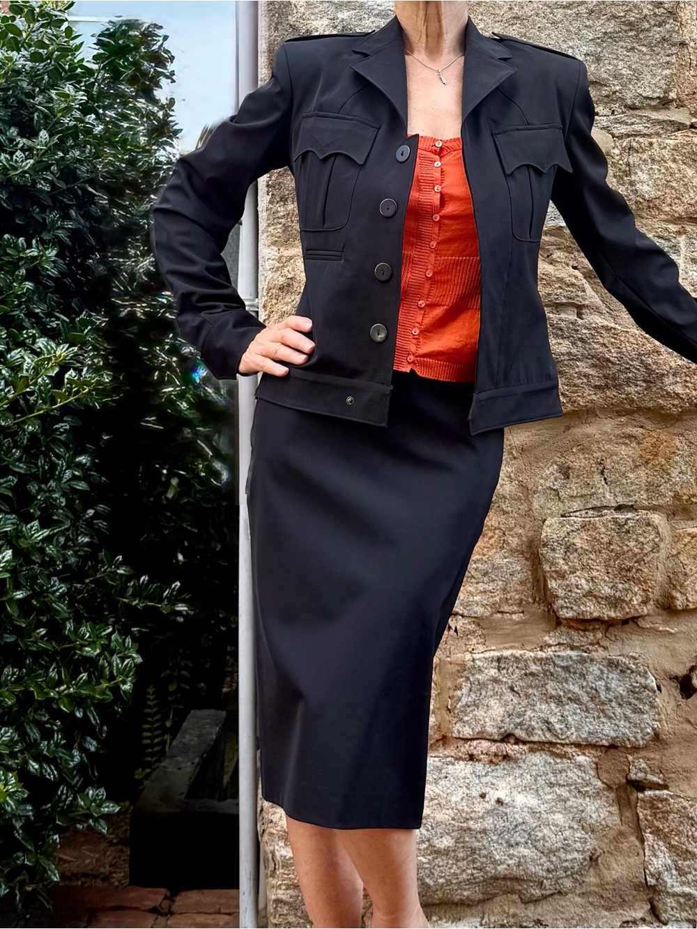 Jean Paul Gaultier Femme Black Skirt Suit Sz 4 Structured Blazer Pencil Skirt